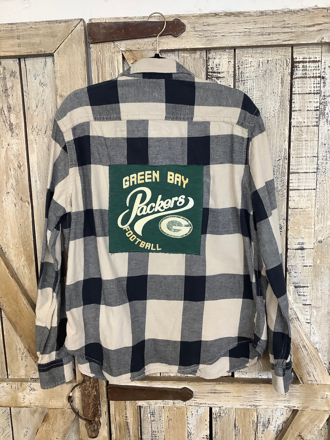 Repurposed Flannel Shirt with Green Bay Patch