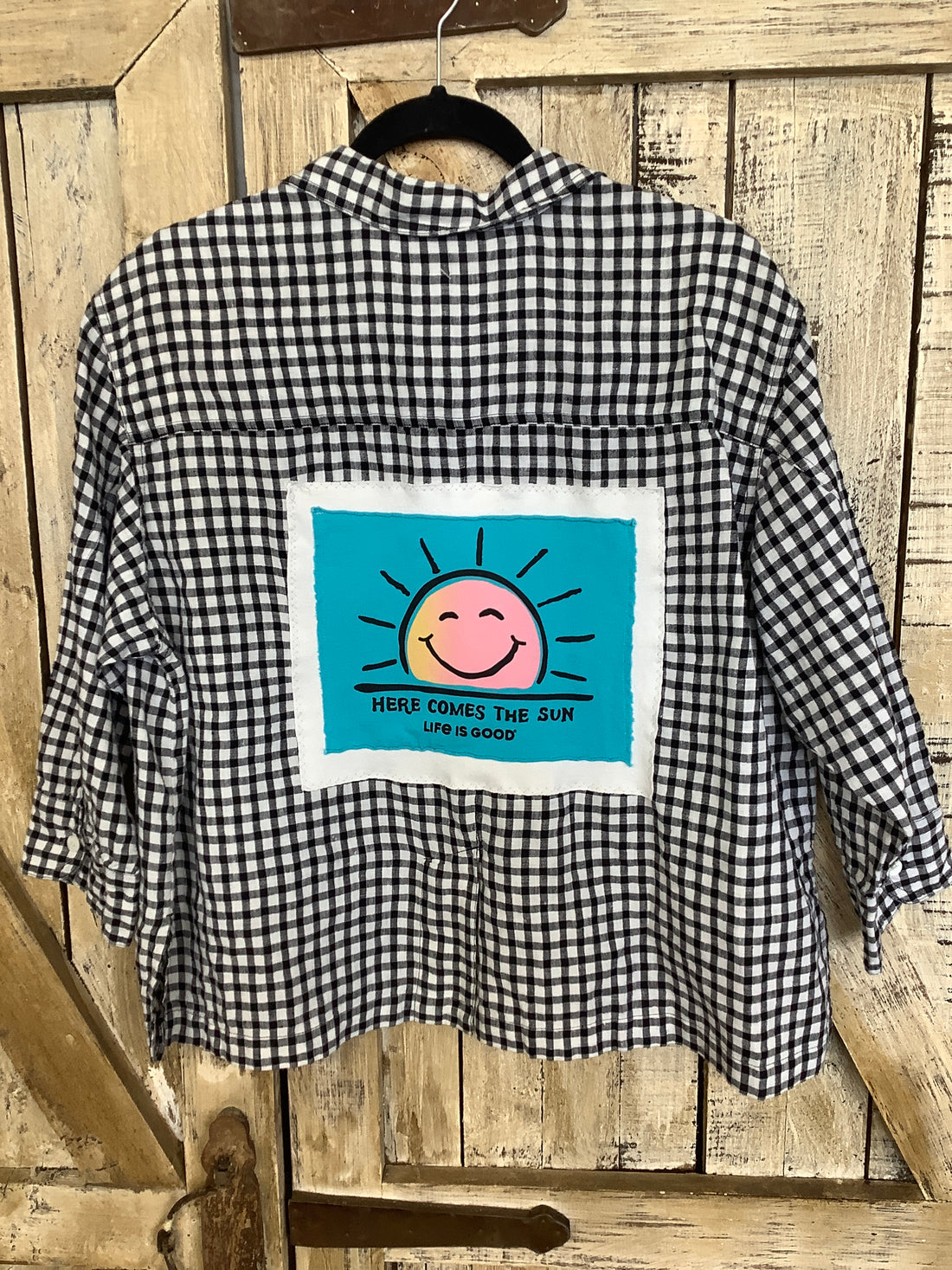 Repurposed Flannel Shirt with Here Comes The Sun Patch