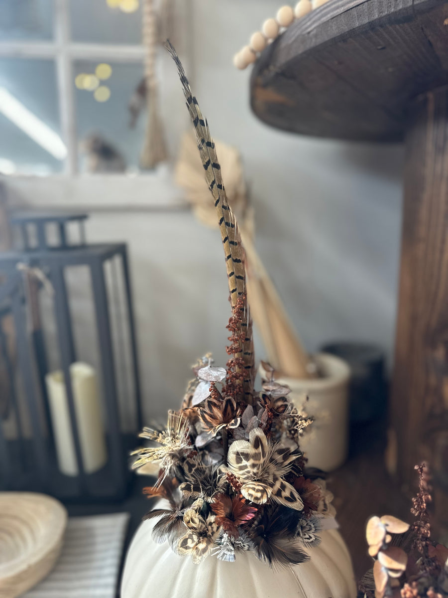 White Pumpkin Arrangement - Pheasant Feather Flower