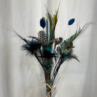 Pheasant, Peacock + Guinea Fowl Feather Flower Bouquet - Blue Accent