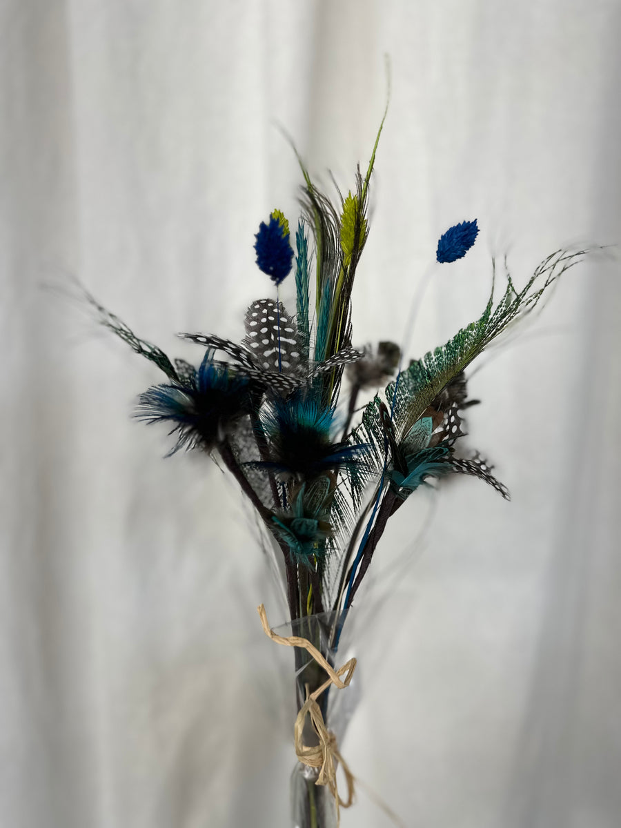 Pheasant, Peacock + Guinea Fowl Feather Flower Bouquet - Blue Accent