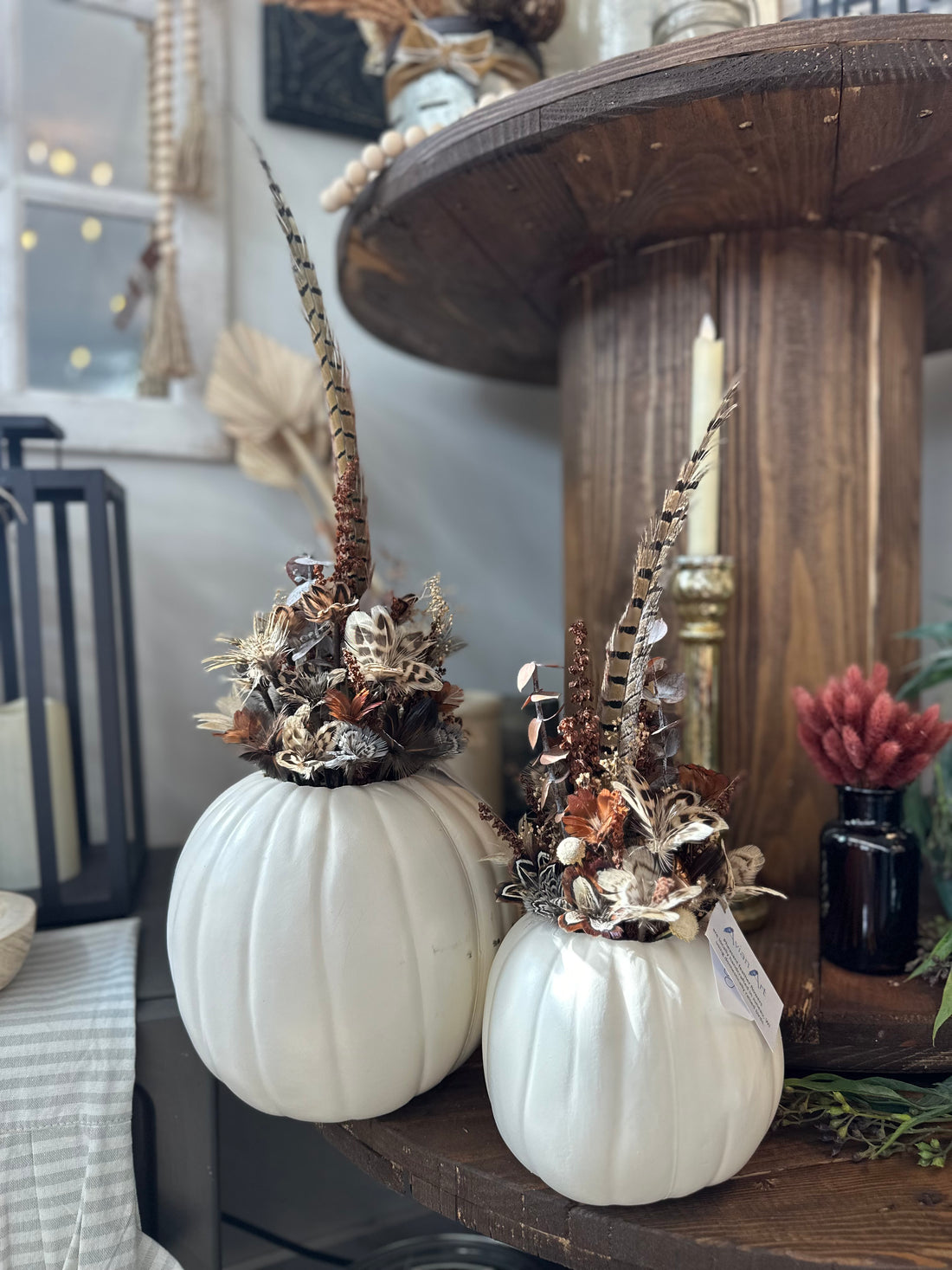 White Pumpkin Arrangement - Pheasant Feather Flower