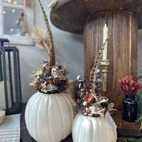 White Pumpkin Arrangement - Pheasant Feather Flower