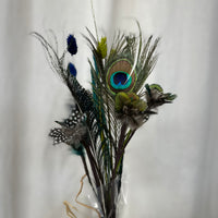 Pheasant, Peacock + Guinea Fowl Feather Flower Bouquet - Blue Accent