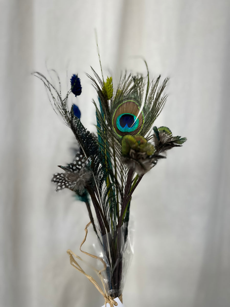 Pheasant, Peacock + Guinea Fowl Feather Flower Bouquet - Blue Accent