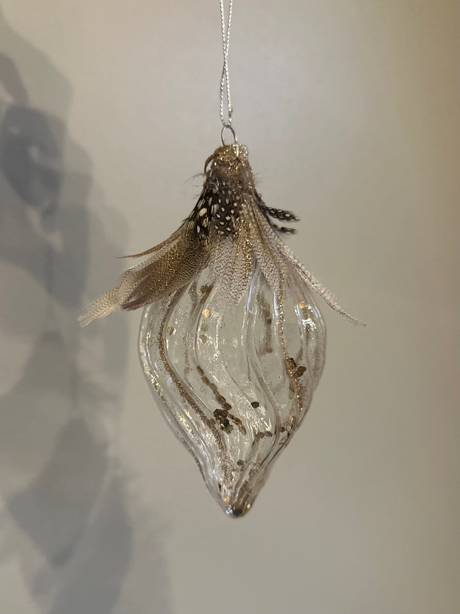 Handblown Glass Ornaments with Guinea and Goose Feathers