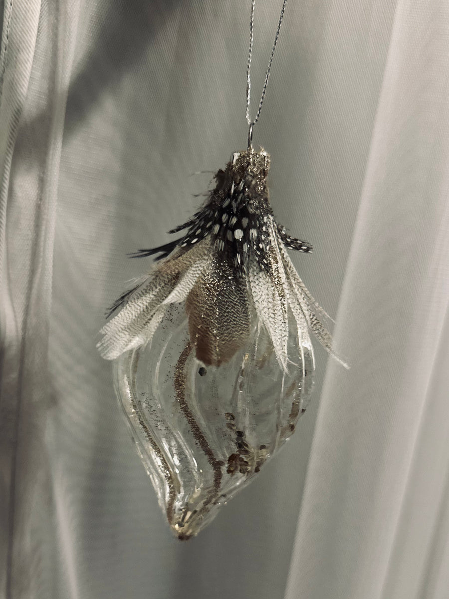 Handblown Glass Ornaments with Guinea and Goose Feathers