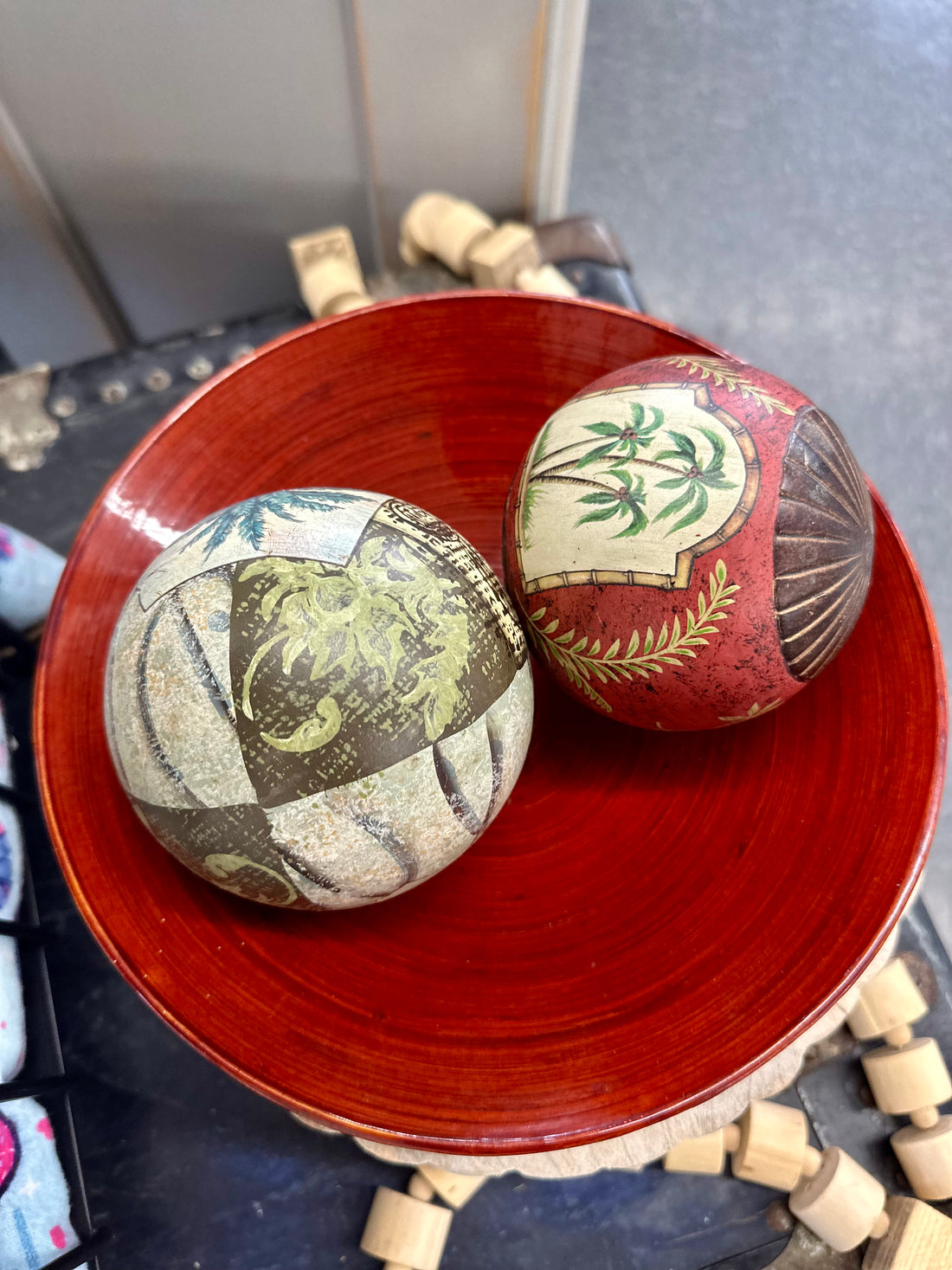 Red Wooden Bowl With Decorative Balls