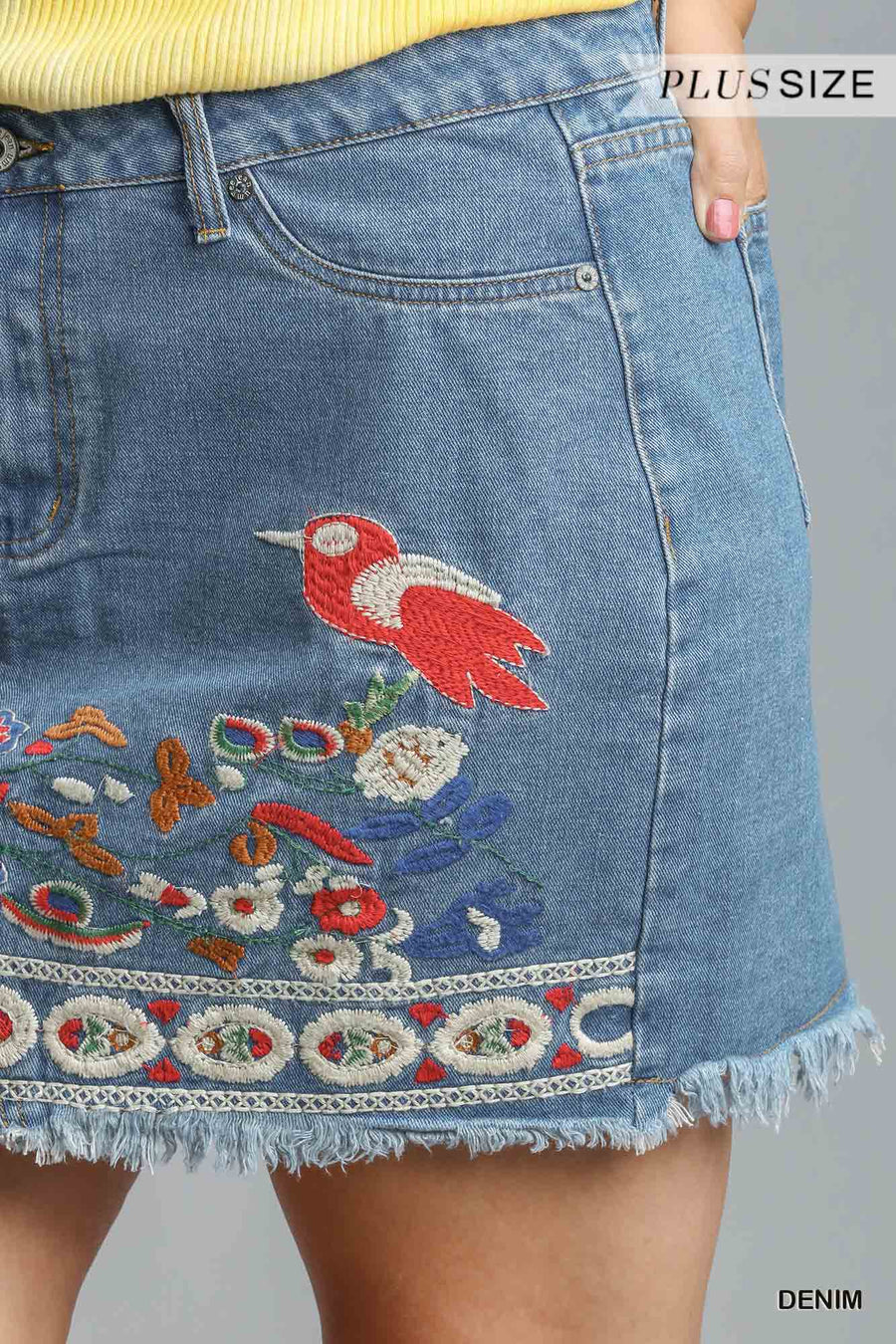 Embroidered High Rise Denim Skirt