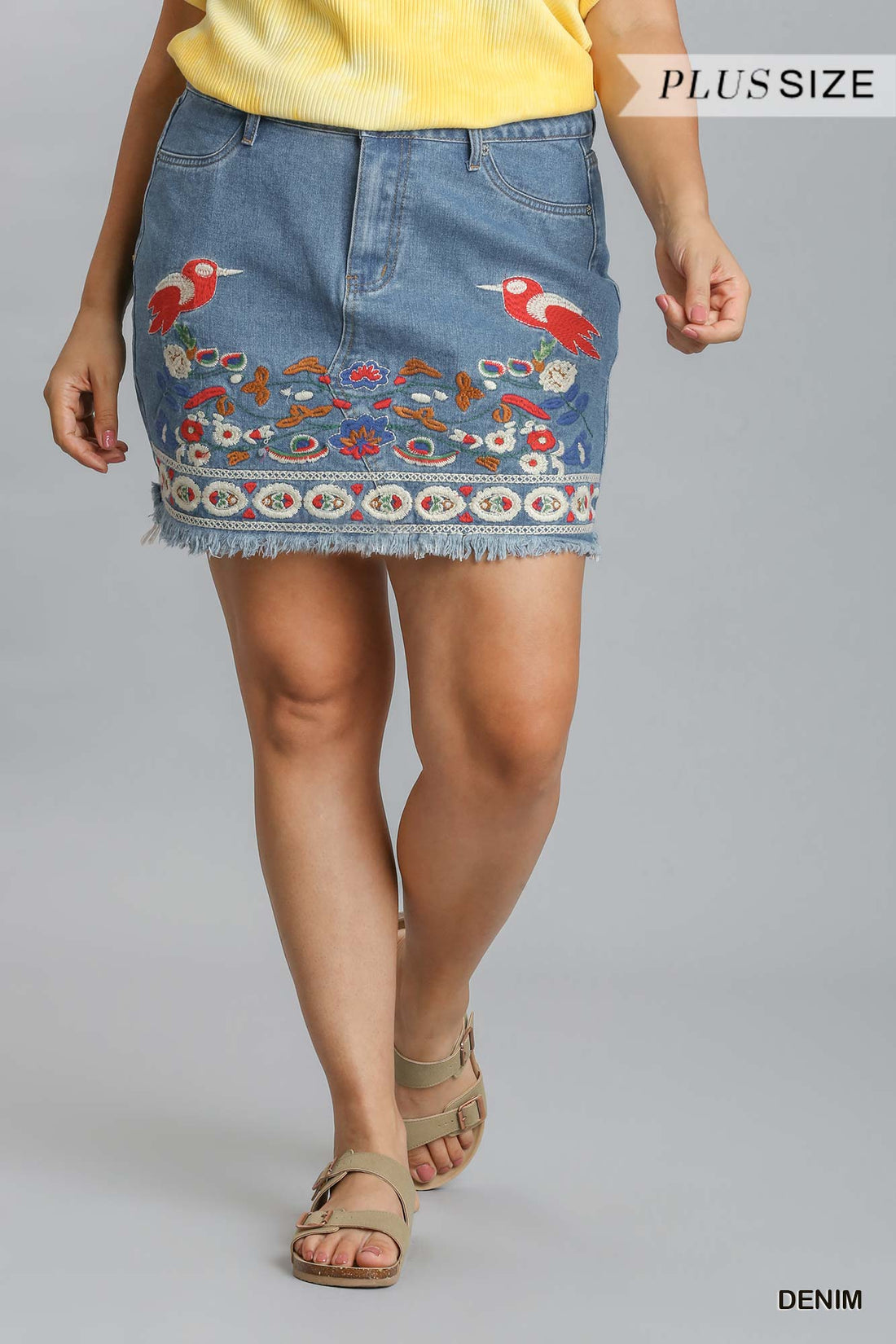 Embroidered High Rise Denim Skirt