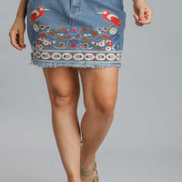 Embroidered High Rise Denim Skirt