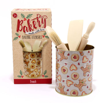 Set of 4 Wooden Christmas Baking Utensils in Tin Holder