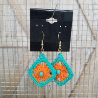 Orange Diamond with Blue Bead Crochet Earrings