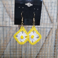 White Diamond with Yellow Bead Crochet Earrings