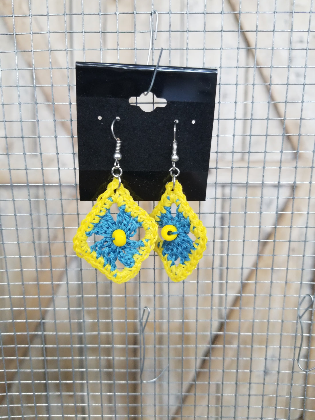 Blue Diamond with Yellow Bead Crochet Earrings