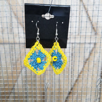 Blue Diamond with Yellow Bead Crochet Earrings