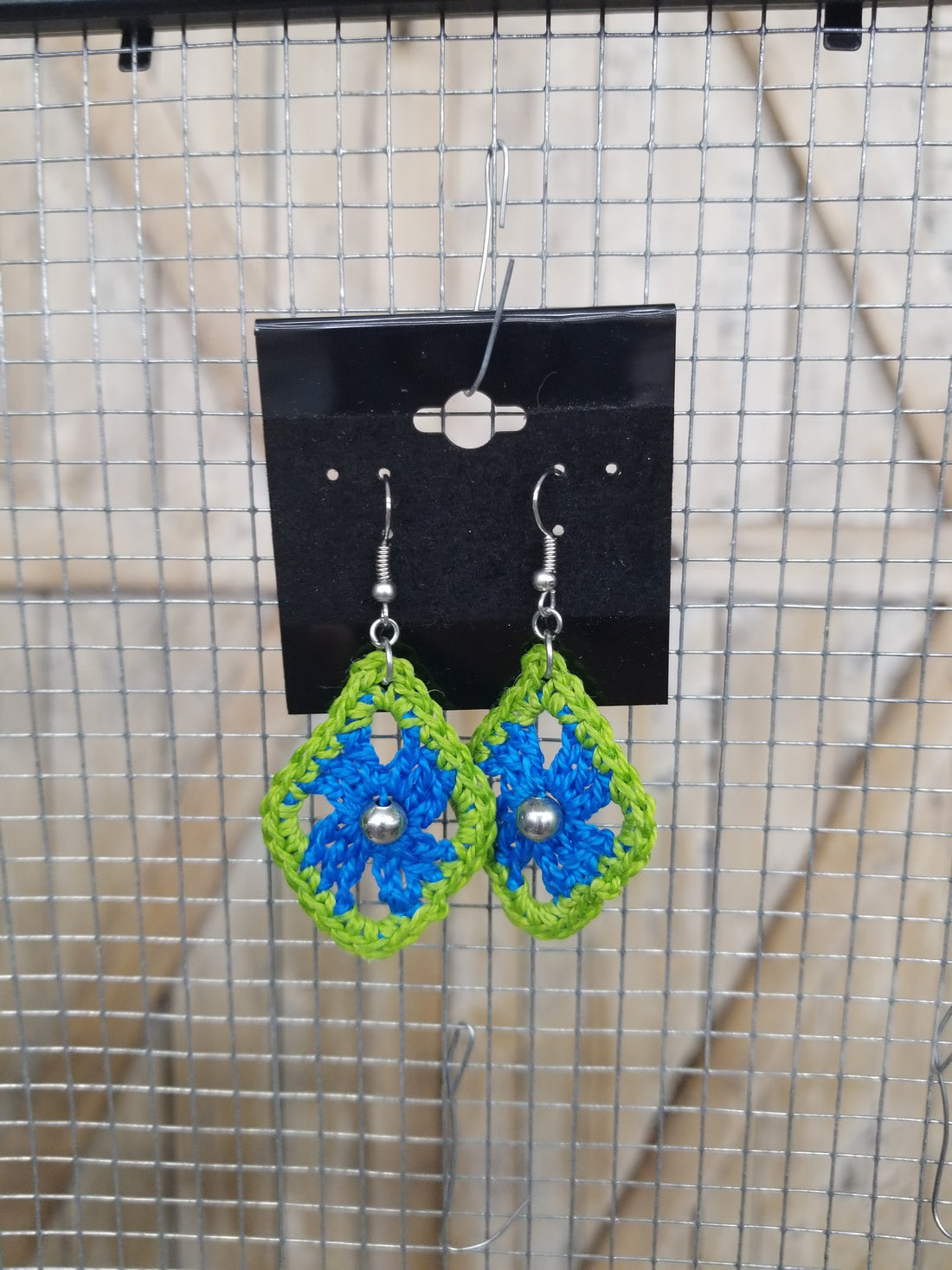 Blue & Green Diamond with Silver Bead Crochet Earrings