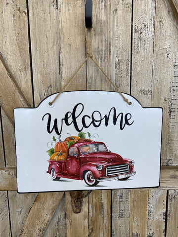 Welcome Red Truck Pumpkin Sign