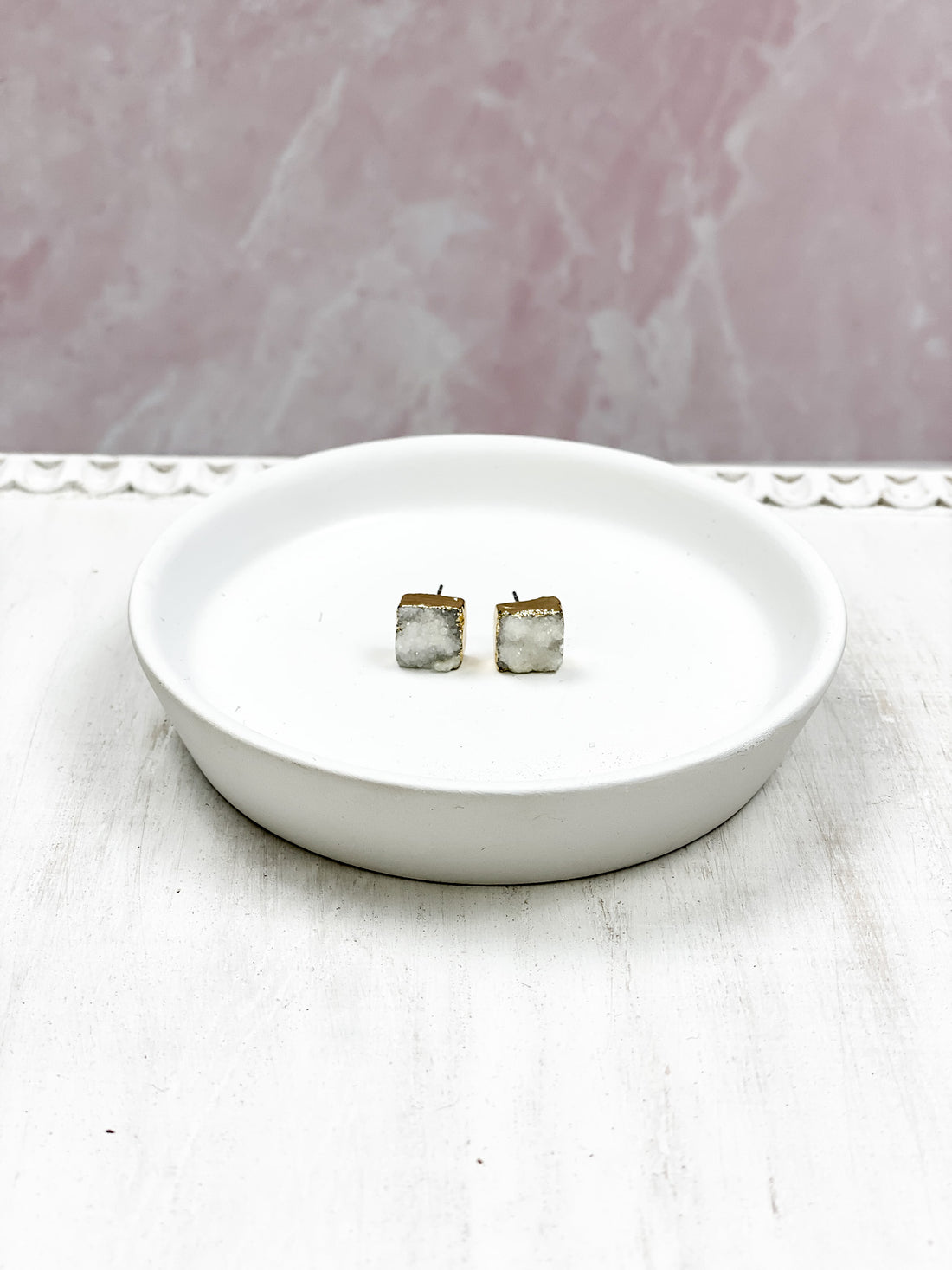 Gold White Square Druzy Stud Earrings