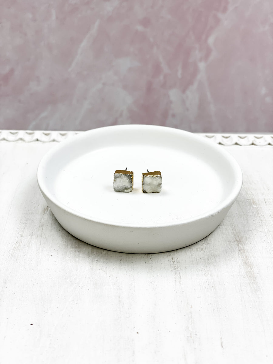 Gold White Square Druzy Stud Earrings