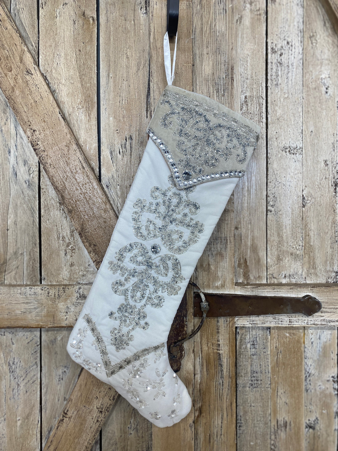 White Bejeweled, Beaded + Sequin Holiday Stocking