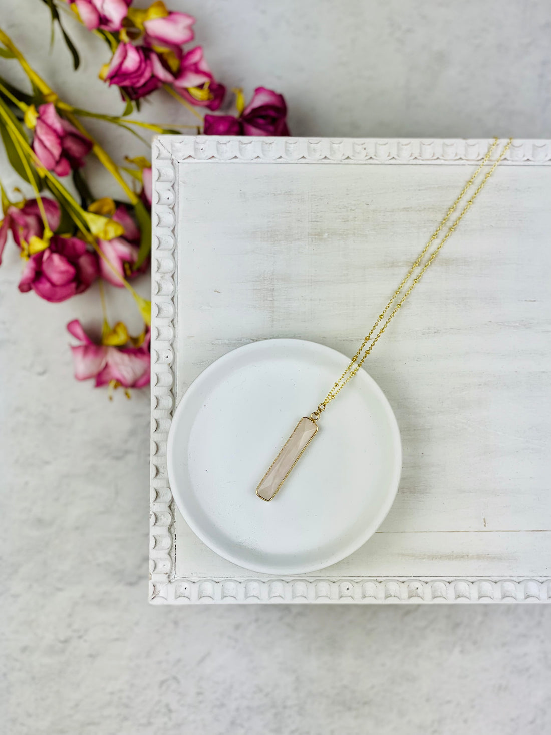 Gold Rose Quartz Bar Necklace