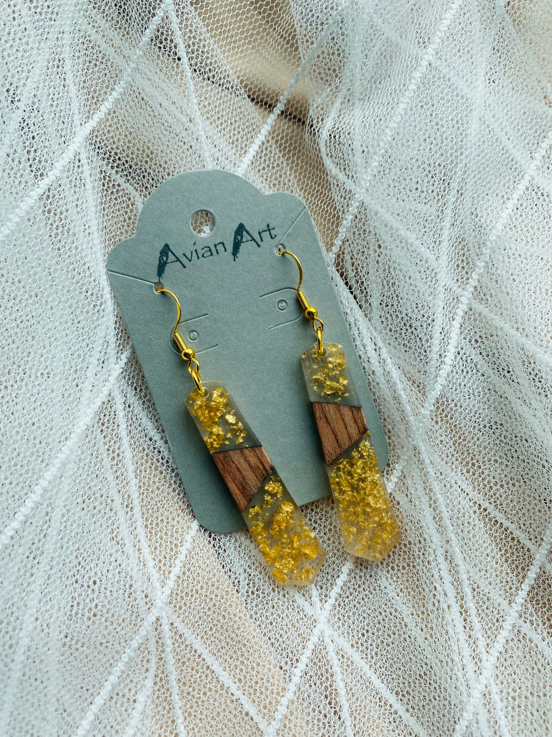 Gold Flakes & Wood Tie Shaped Resin Drop Earrings